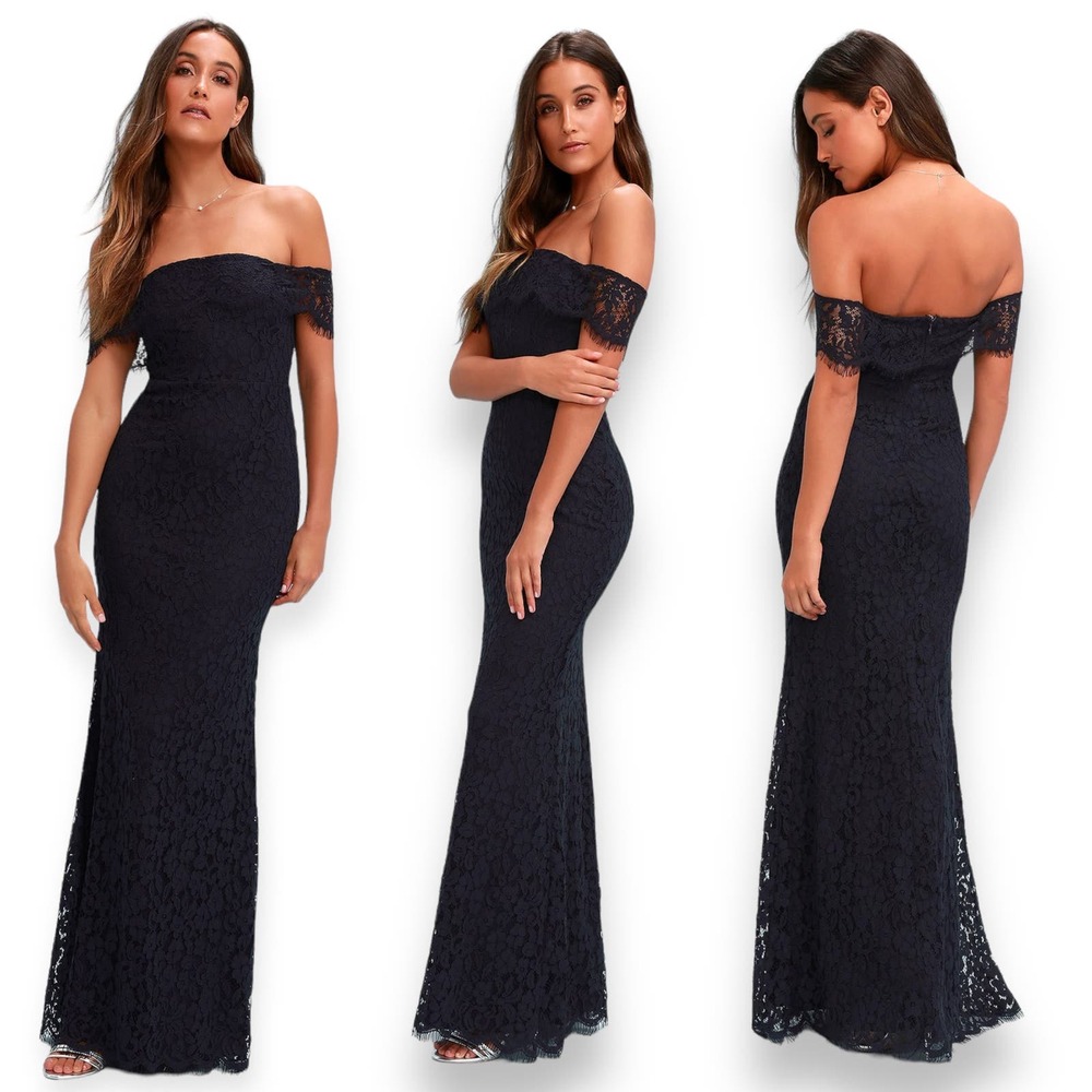 Lulu's NEW Medium Navy Romantic Heart Lace Off-the-Shoulder Mermaid Maxi Dress